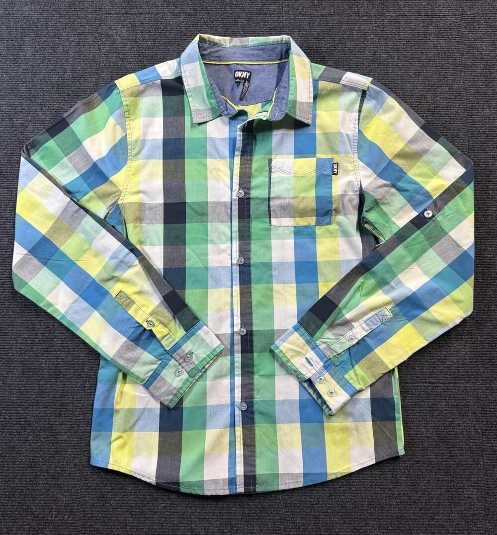 DKNY Plaid Boys Button Down Shirt Long Sleeve Sz XL 18-20